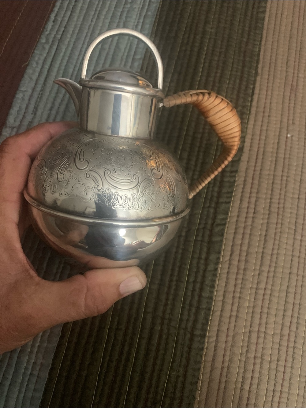 Engraved Silver-Tone Pitcher with Woven Handle